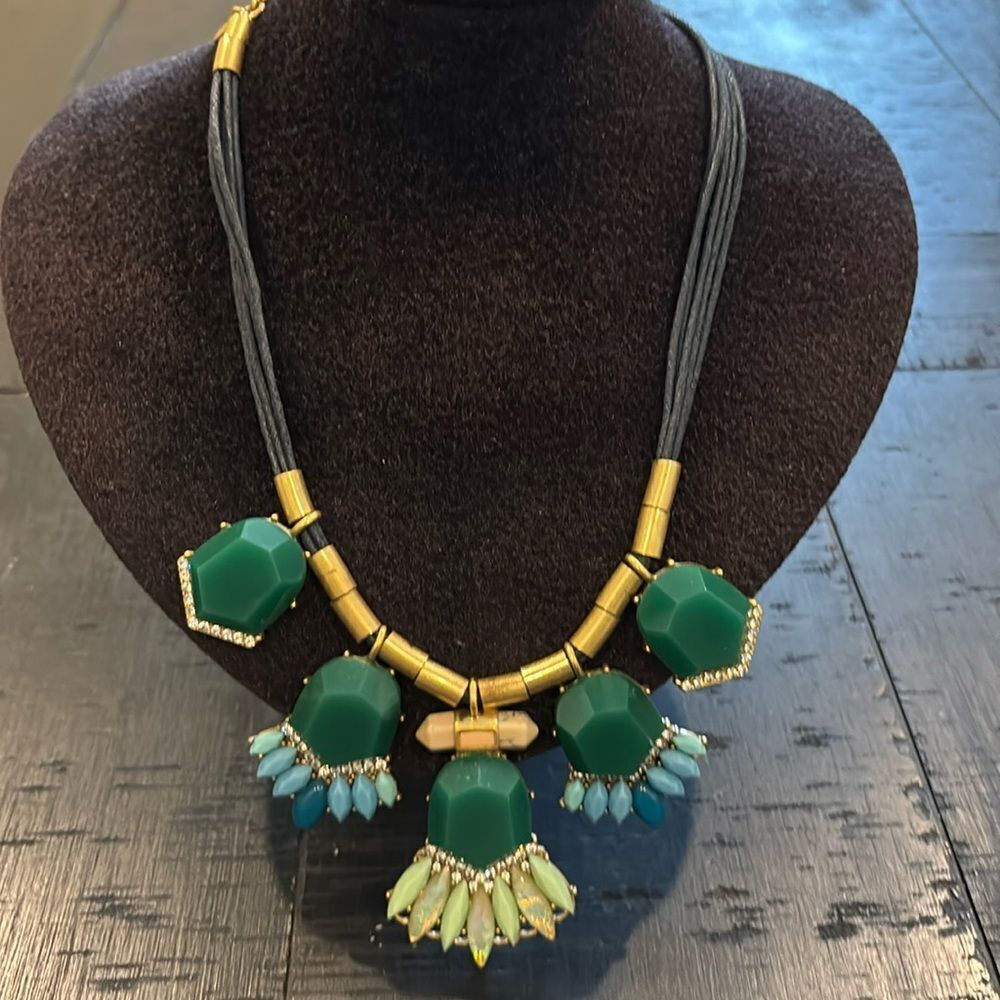 J. Crew Statement Necklace Green Acrylic Clear Glass Rhinestone Faux Turquoise​